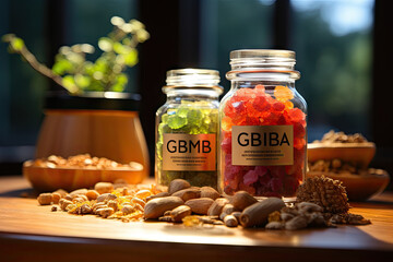 CBG Gummies. two jars filled with different types of gums on a wooden table in front of a pot full of other gums - Powered by Adobe