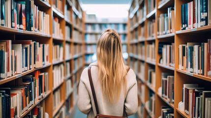 School aged girl in the library choosing a book to read. Shelves of books, reading fiction for children.