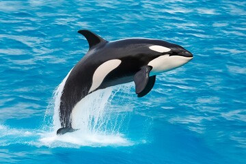 killer whale  jumping out of the water over the blue sea surface close up. Generative AI