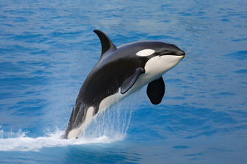killer whale  jumping out of the water over the blue sea surface close up. Generative AI