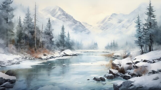 A painting of a mountain river in the snow