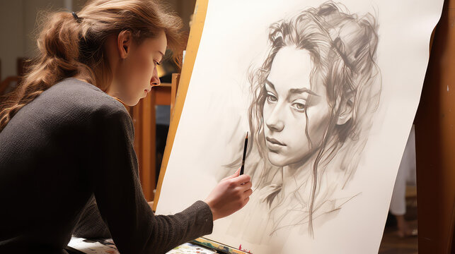 Female artist paints a portrait of a beautiful young woman on white paper. Drawing lessons for adults. Graphic drawing skills.