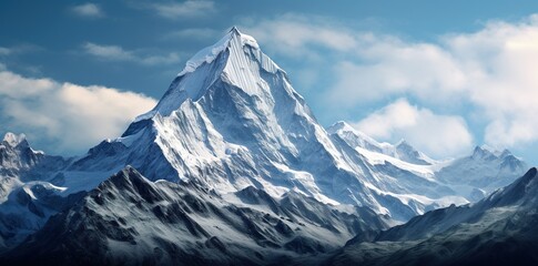 majestic snowy mountain peak towering above the clouds, its pristine white slopes contrasting against the deep blue sky Generative AI Digital Illustration