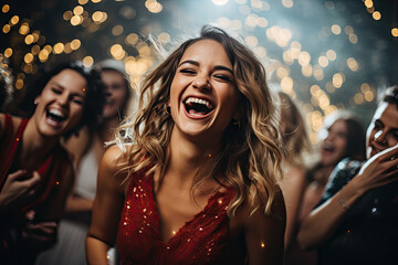 a woman laughing in front of her friends on the dance floor at a new year's eve wedding reception - obrazy, fototapety, plakaty