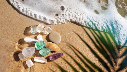 Group of healing crystals on a sand 