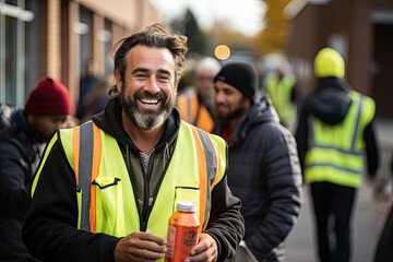 a man with a beard holding a drink and smiling at the camera while other people are walking in the background