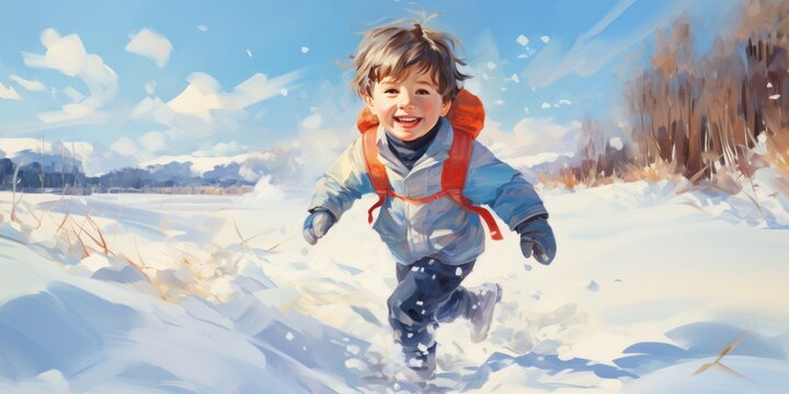 painting of little boy happily play on snow ground in sunny day, generative AI