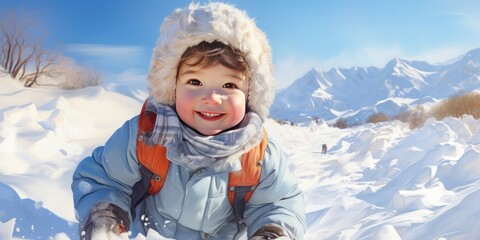 Fototapeta na wymiar painting of little boy happily play on snow ground in sunny day, generative AI