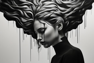 Black and white illustration of a woman looking down with hair hurled up in the air representing raw feelings of depression and loneliness, mental problem concept. AI generated.