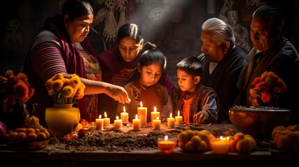 Intimate family moment during Day of the Dead celebrations, with candles, flowers, and traditional offerings