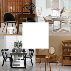 Ideas of stylish dining room interior design, collage of photos. Space for text