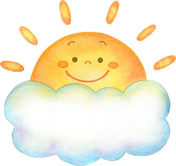 雲から半分のぞく太陽のキャラクターのイラスト