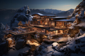 luxury mountain hotel or ski resort in winter - obrazy, fototapety, plakaty