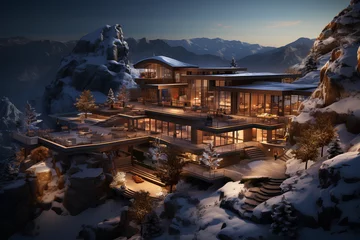 Gordijnen luxury mountain hotel or ski resort in winter © Lara