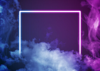 Glowing pink and blue neon frame in smoke