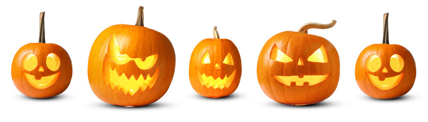 Many pumpkins with carved spooky faces isolated on white, collection. Jack-o-lantern for Halloween