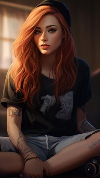 Redhead skater girl art