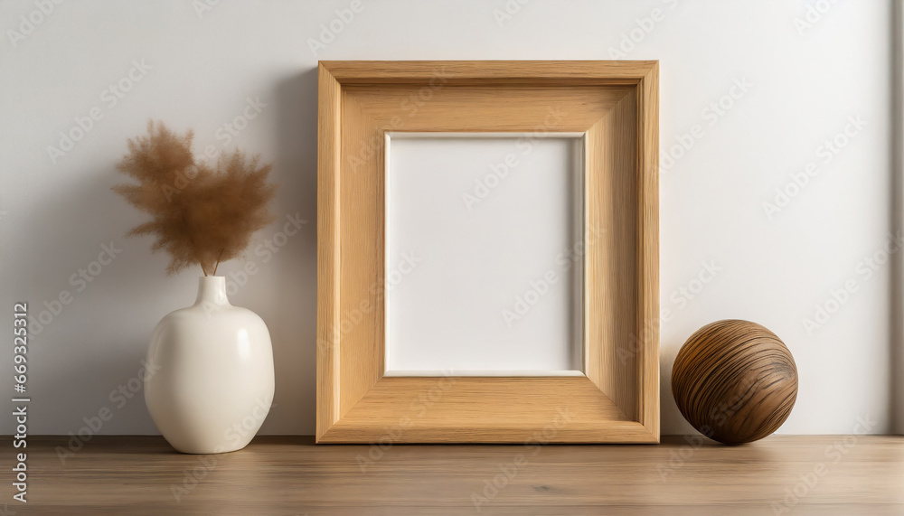 Wall mural wooden square photo frame on white wall background. empty wooden picture photo frame mockup template