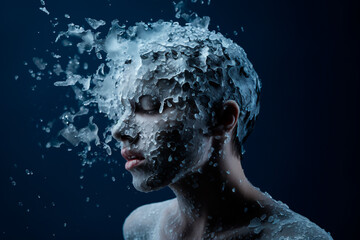An abstract photo depicts the concept of a woman's mental struggle, symbolized by a head covered in icy blue snow. With her eyes closed, she appears to be crying, surrounded by a dark, melancholic rai - obrazy, fototapety, plakaty