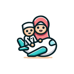 This flat vector logo/icon is designed in a caricature style with solid colors and bold lines. It features a girl in a hijab and a boy with a white kopyah, inside a stylish frame