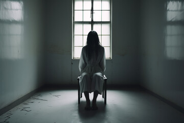 A woman in a psychiatric hospital in a locked white room, wearing a white straitjacket. A mad woman in a white straitjacket in a white room. Schizophrenia in a person. Woman on a chair - obrazy, fototapety, plakaty