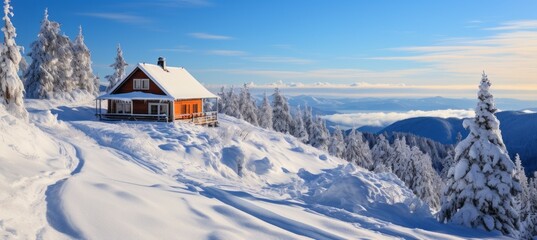 Fototapeta na wymiar House at mountain hill on winter season. Generative AI technology.