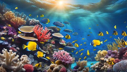 Fototapeta na wymiar tropical coral reefs, deep sea wallpaper with colorful shells, fish, dolphins, octopuses in the depths of the bay