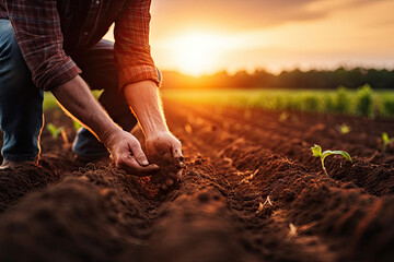a farmer working in his vegetable garden at sunset, with the sun shining through the leaves and seeding plants