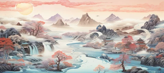 Crédence de cuisine en verre imprimé Blanche Japanese nature scenery landscape traditional oriental painting style background. Generative AI technology.  