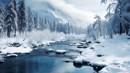 A river running through a snow covered forest