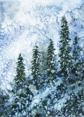  Pine trees covered in snow in a wintery scene painted in watercolor by Robbin Siembieda.
