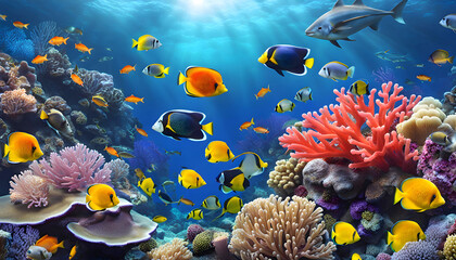 tropical coral reefs, deep sea wallpaper with colorful shells, fish, dolphins, octopuses in the depths of the bay