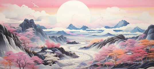 Foto op Plexiglas Mountains valley landscape traditional oriental painting style background. Generative AI technology.   © Hero Design