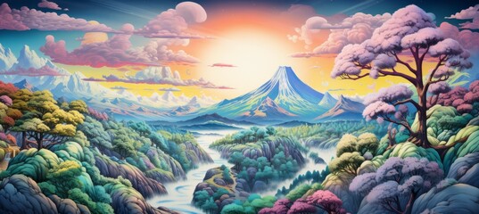 Nature mountain forest scenery landscape. Traditional oriental painting style background. Colorful color. Generative AI technology.	

