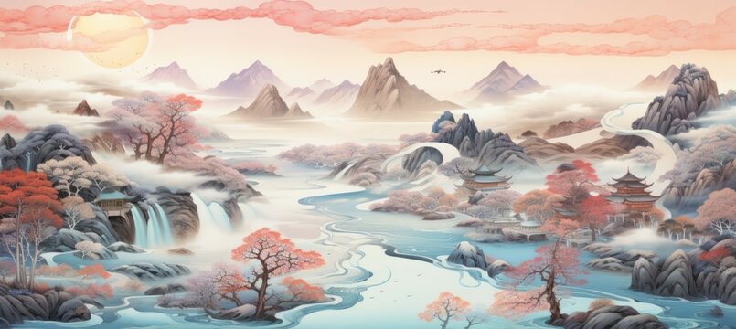 Japanese nature scenery landscape traditional oriental painting style background. Generative AI technology.	
