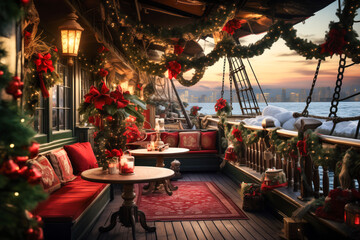 Christmas decor on board old wooden sailing ship deck, lights and garlands decorations, pirate,...