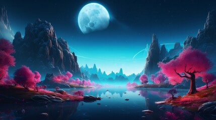 A night scene with a lake, trees, and a full moon