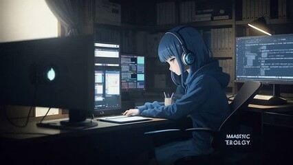 Girl is programming at a computer dramatic lighting highly detailed incredible quality on artstation masterpiece k w animation. Created using Generative AI Technology