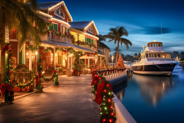 Christmas lights and decor on tropical waterfront homes with yacht at night, winter holiday season - obrazy, fototapety, plakaty