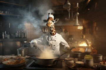 Giraffe chef's in uniform cook a food at restaurant's kitchen.