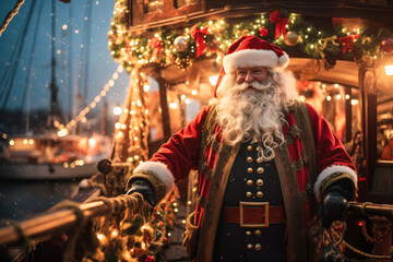 Santa Claus captain on deck of wood sailing ship decorated with Christmas lights at garlands at night, outdoor at sea, winter holiday season - obrazy, fototapety, plakaty