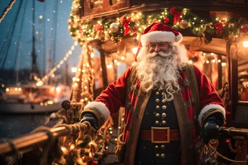 Fotobehang Santa Claus captain on deck of wood sailing ship decorated with Christmas lights at garlands at night, outdoor at sea, winter holiday season © Sunshower Shots