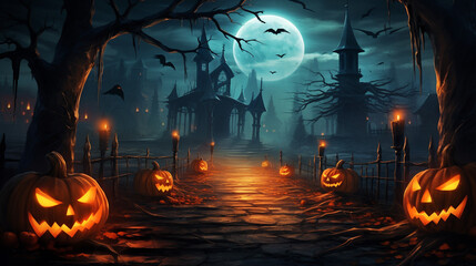 Lantern illuminating pumpkin in dark night - obrazy, fototapety, plakaty