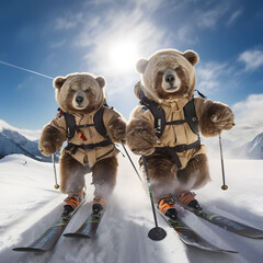 Bears with skis on a snow track run downhill in a beautiful alpine landscape. Sports concept.
