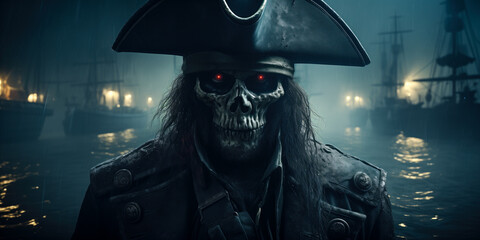 Naklejka premium Scary pirate skeleton with red eyes and ships in background, dark, night, wide banner