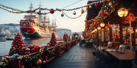 Seaside town with Christmas lights, garlands and decorations, boardwalk shops on waterfront, winter seasonal holiday, wide banner