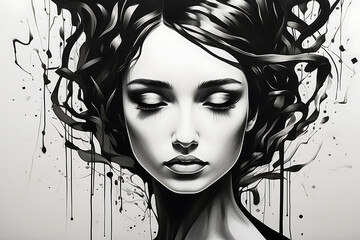 Black and white illustration of a woman with closed eyes representing dull feelings of loneliness and depression, mental problems concept. AI generated