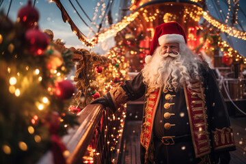 Santa Claus pirate captain on deck of wood sailing ship decorated with Christmas lights at garlands at night, outdoor at sea, winter holiday season, copyspace