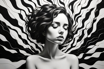 Black and white illustration of a woman battling with inner thoughts and feelings represented by the straight, wavy lines in the background. Mental problem, depression, anxiety concept. AI generated.