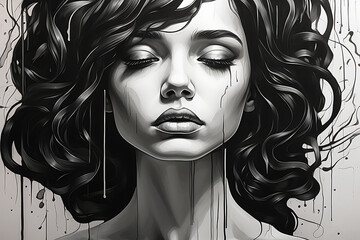 Black and white artistic illustration of a woman crying. Mental problem, anxiety, depression concept. AI generated.